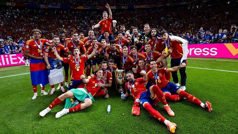The Spanish football team players celebrate after winning the Euros 2024. Credit: X/@SEFutbol