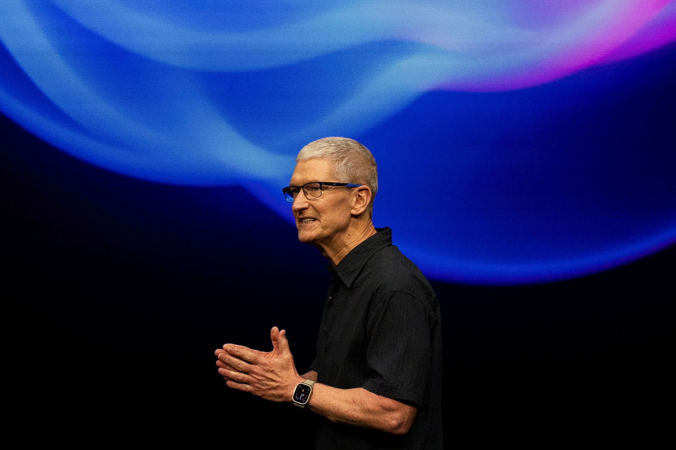 CEO of Apple Tim Cook gives a presentation as Apple holds an event at the Steve Jobs Theater on its campus in Cupertino, California, September 9, 2024. For representational purposes. Credit: Reuters File Photo