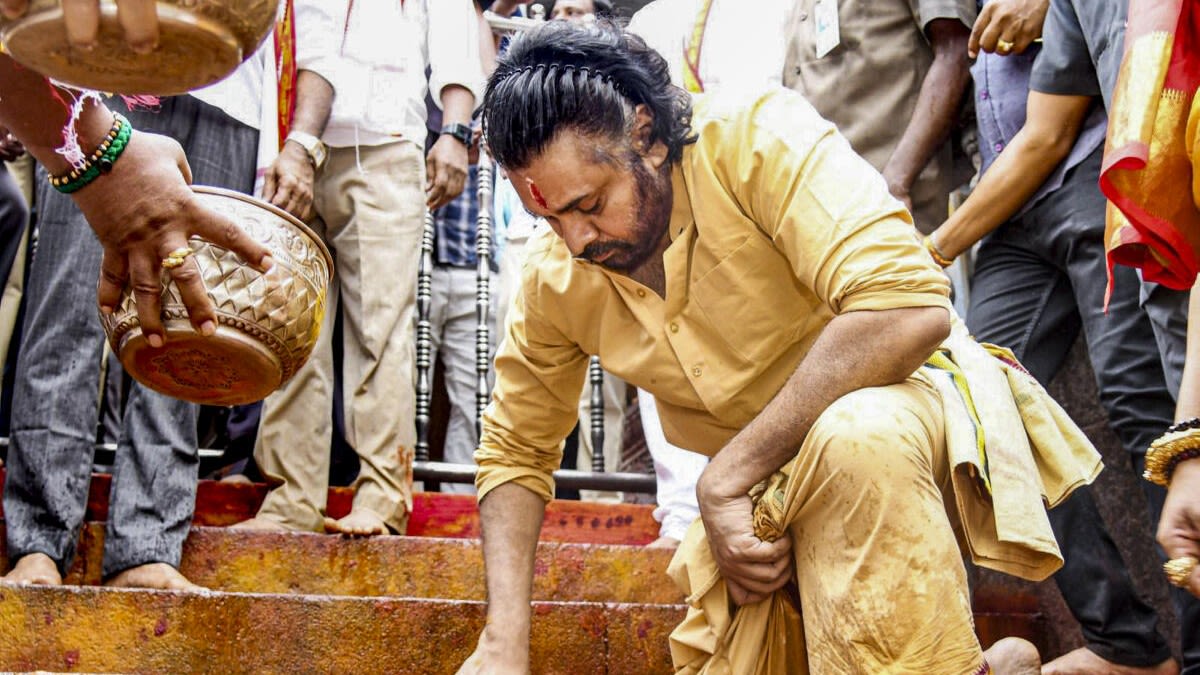 Pawan Kalyan takes part in a purification ritual, as part of his 11-day penance to propitiate the deity amid the Tirupati laddu controversy in Vijayawada. Credit: PTI Photo