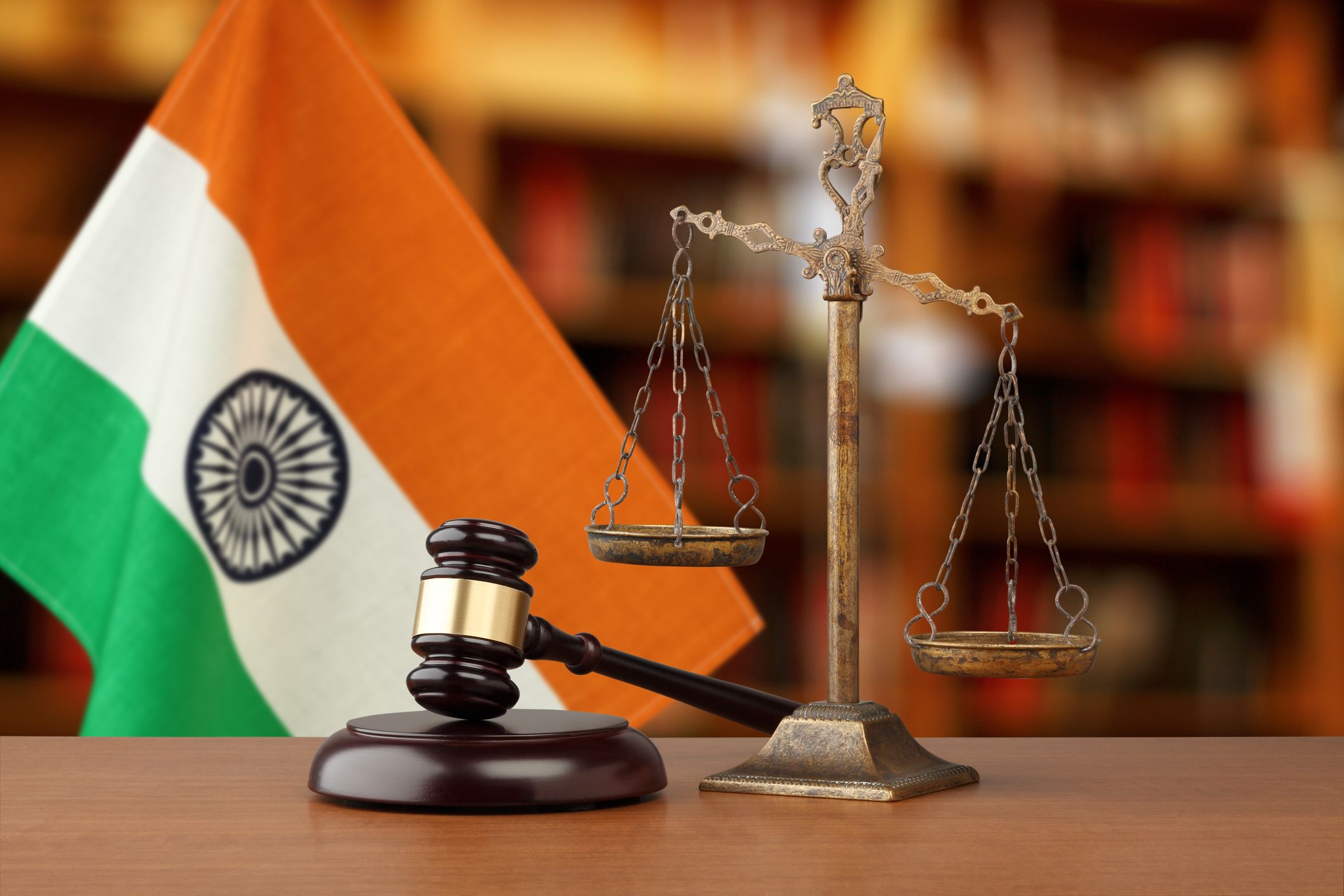 Image showing an Indian flag, a gavel, and scales. For representational purposes. Credit: iStock Photo