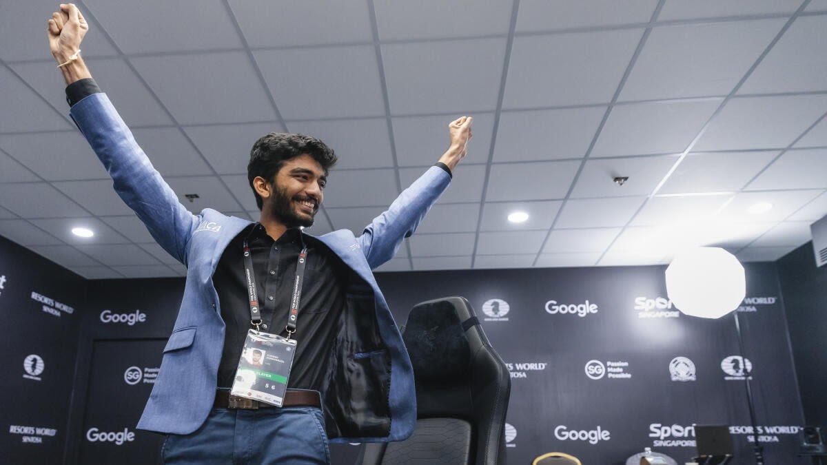 D Gukesh celebrates after clinching FIDE World Chess Championship in Singapore. Credit: PTI Photo