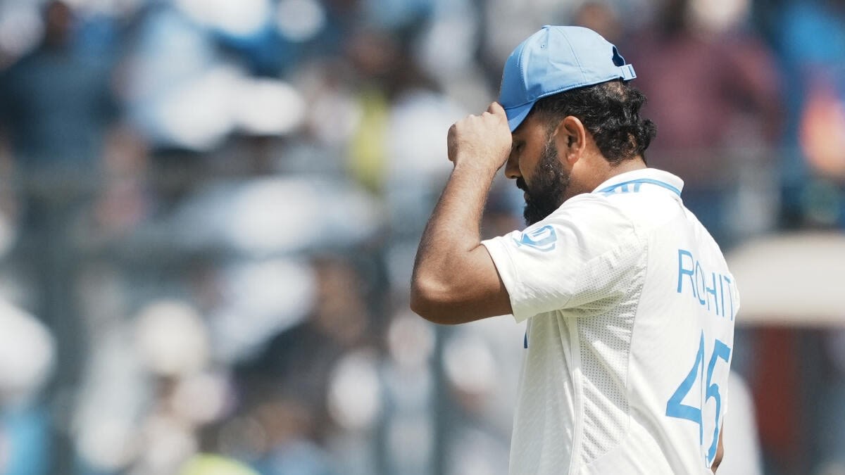 India's captain Rohit Sharma reacts after losing the third Test cricket match against New Zealand. Credit: PTI Photo