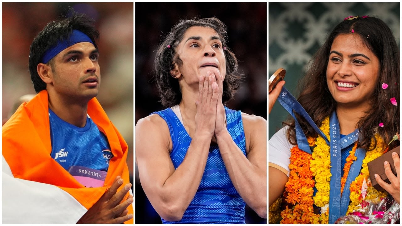 (From left) Neeraj Chopra, Vinesh Phogat and Manu Bhaker. Credit: Reuters, PTI Photos