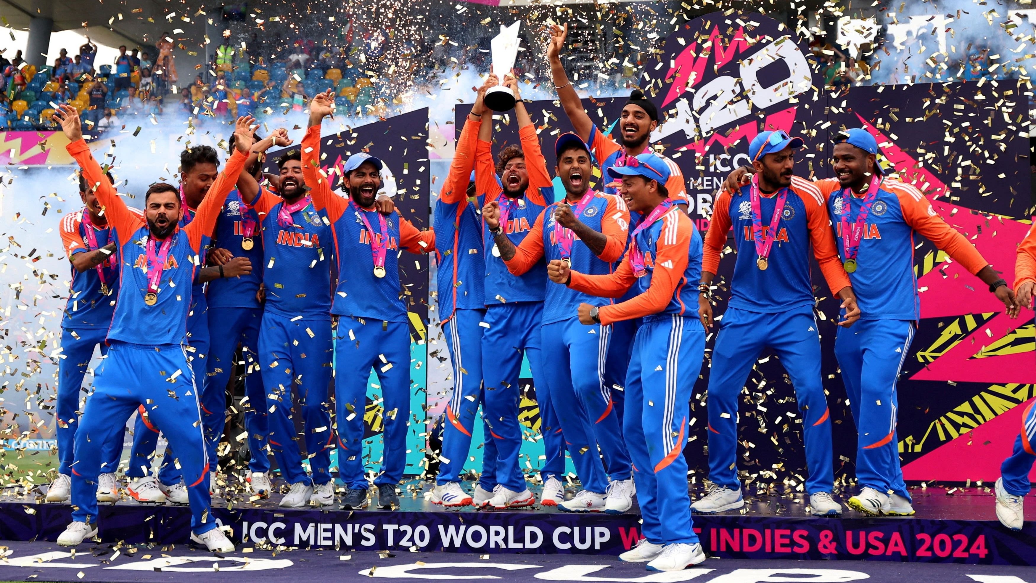 Team India lift the ICC T20 World Cup trophy after beating South Africa in the final in the West Indies. Credit: Reuters File Photo