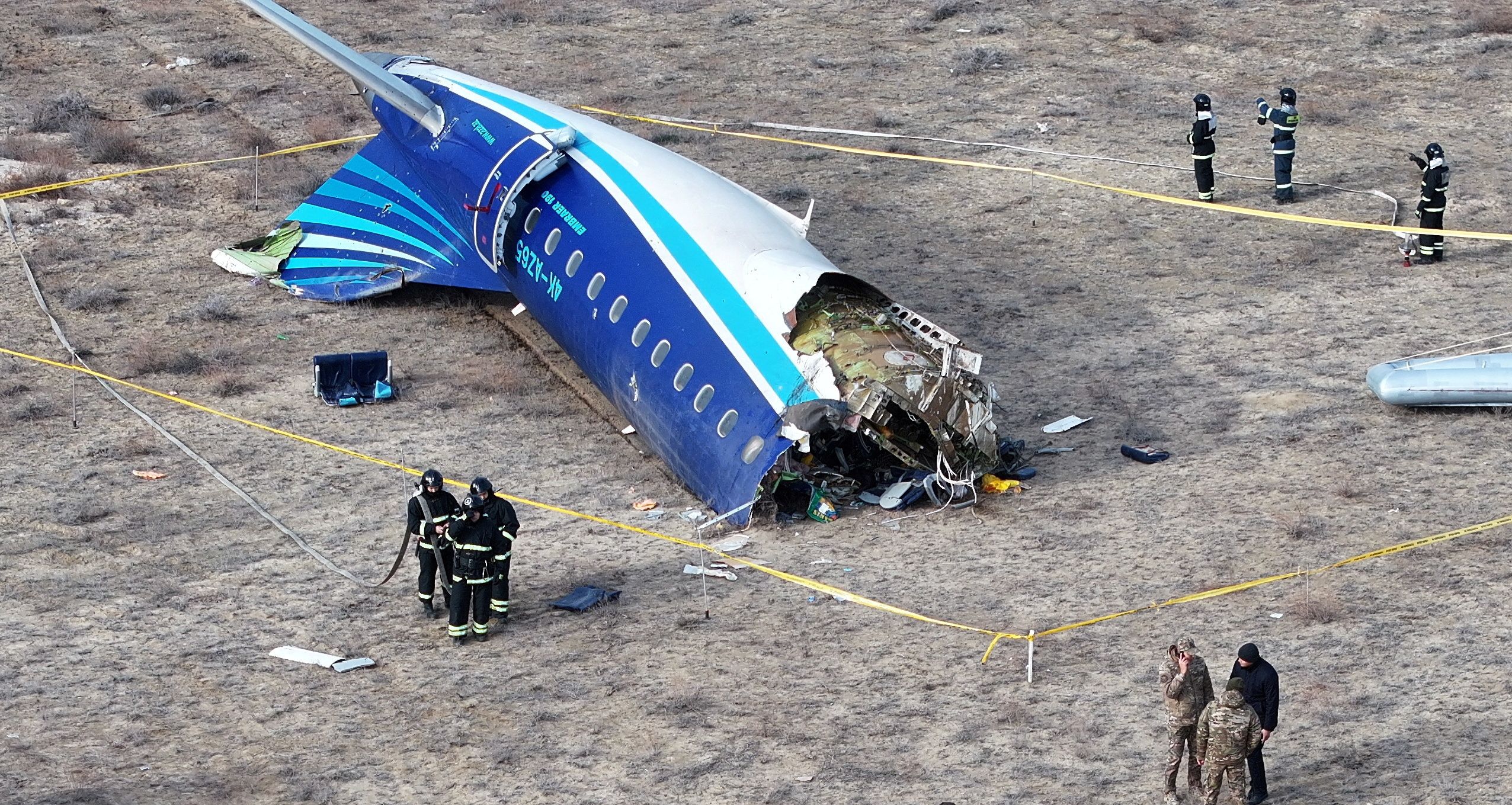 A drone view shows emergency specialists working at the crash site of an Azerbaijan Airlines passenger plane near the city of Aktau, Kazakhstan December 25, 2024. Credit: Reuters Photo